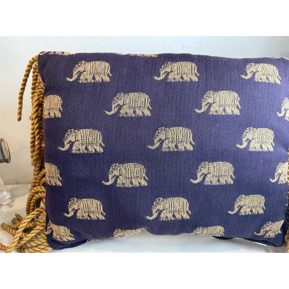 Boho Woven Brocade Elephant Throw Pillow Gold Fringe Purple Decorative Cushion